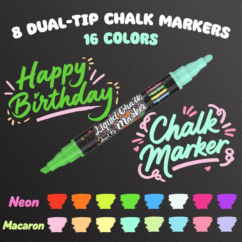 AKARUED Chalk Markers for Blackboard: 16 Colors 8 Pack Dual Tip Liquid Chalk Markers for Chalkboard, Calendar Menu Board Erasable Chalk Pens for Glass, Mirrors, Wedding Sign, Car Windows Decorations - Image 2